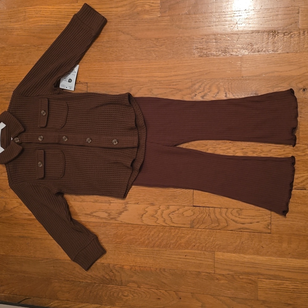 OKIE DOKIE TODDLER GIRLS BROWN WAFFLE LONG SLEEVES TOP AND MATCHING LEGGINGS 3T